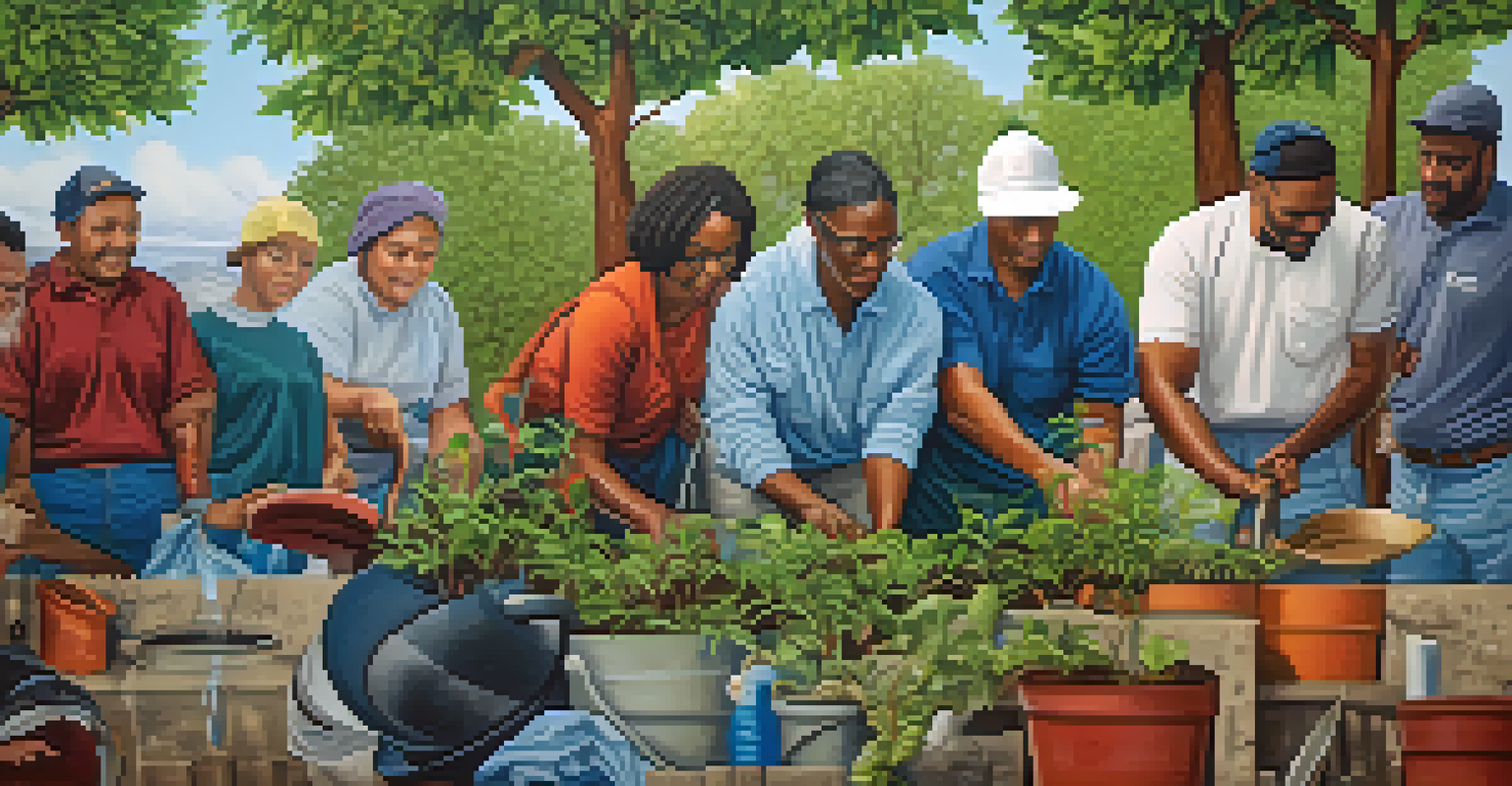 A close-up of a community mural featuring people planting trees and cleaning a river, emphasizing teamwork and environmental care.