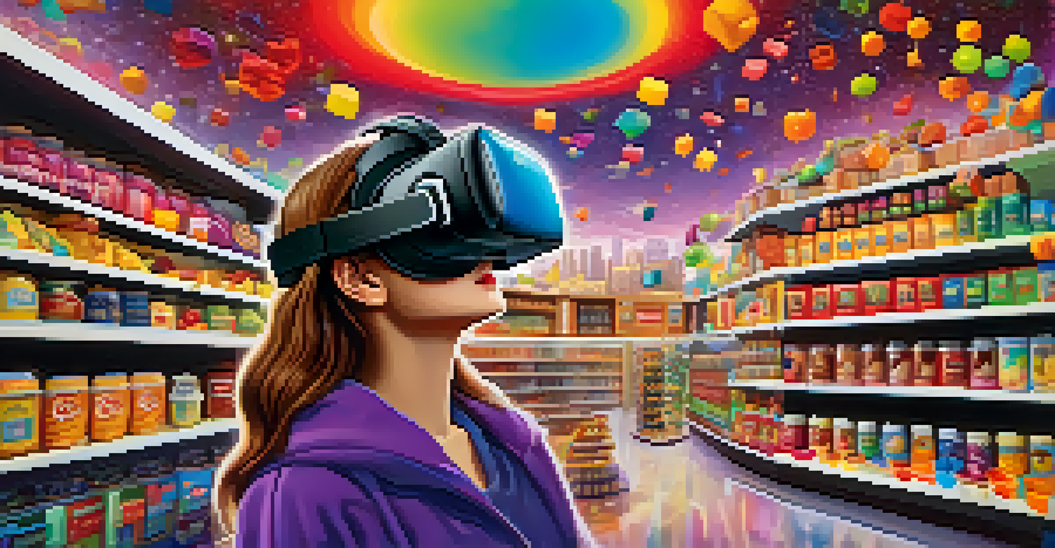 A digital art scene of a person using a virtual reality headset in a colorful environment illustrating consumerism.