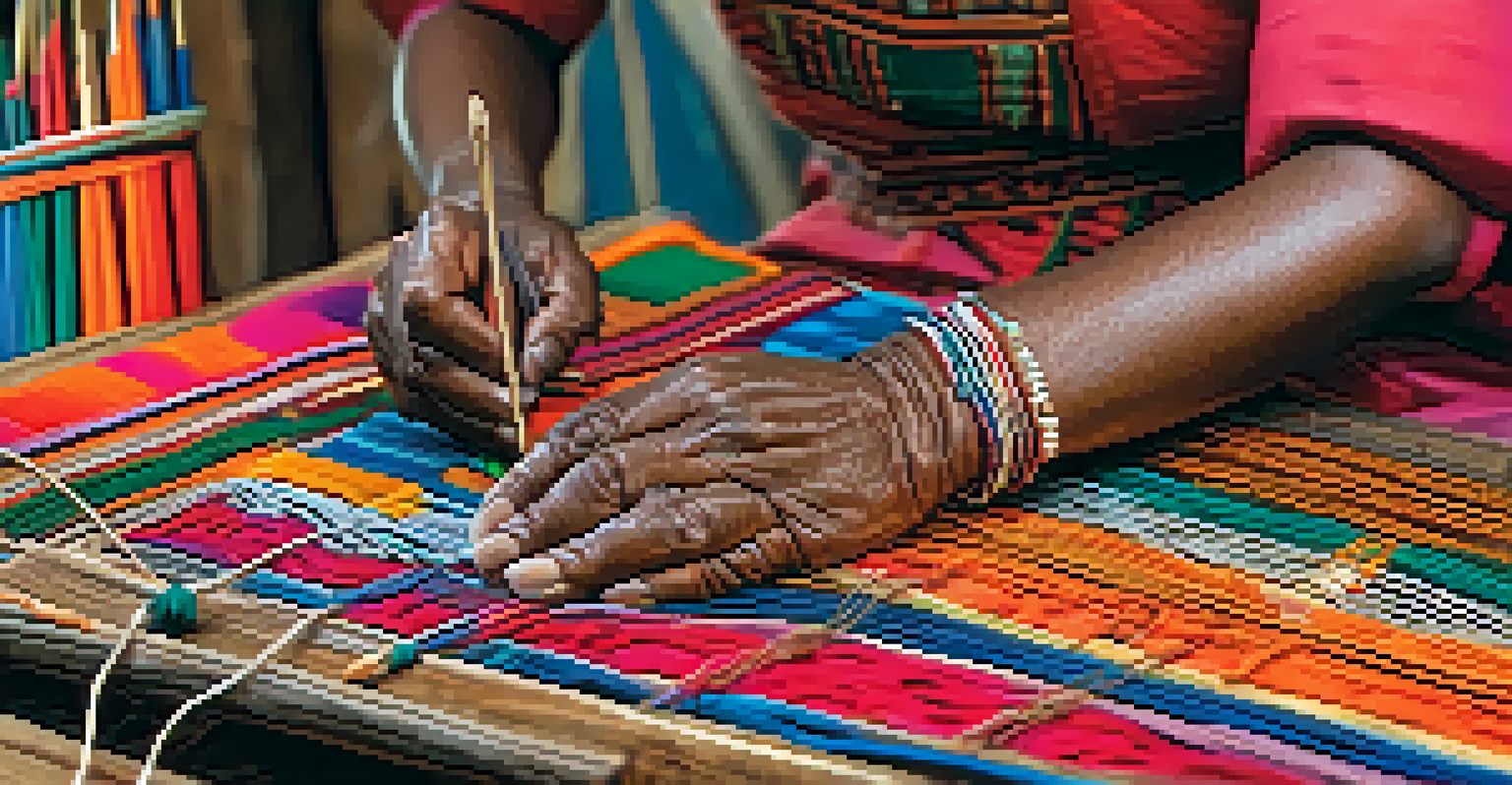 Close-up of hands weaving a traditional textile, showcasing colorful threads and intricate patterns.