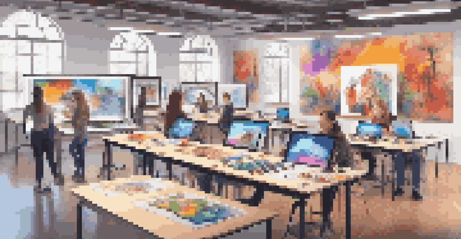A modern art studio with students using digital tools for art creation, showcasing a blend of technology and traditional art supplies.