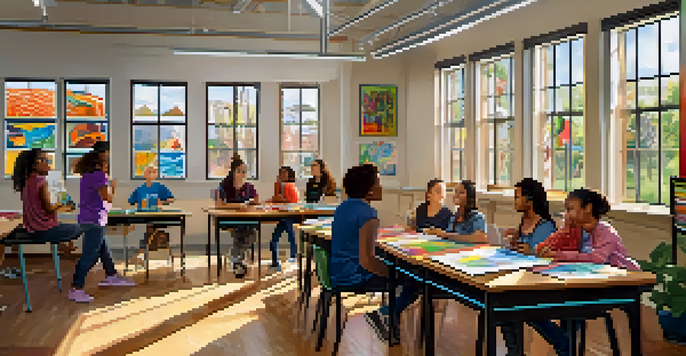 A diverse group of students in an art classroom, with one student using sign language to communicate ideas. The walls are decorated with colorful artwork, and sunlight fills the room.