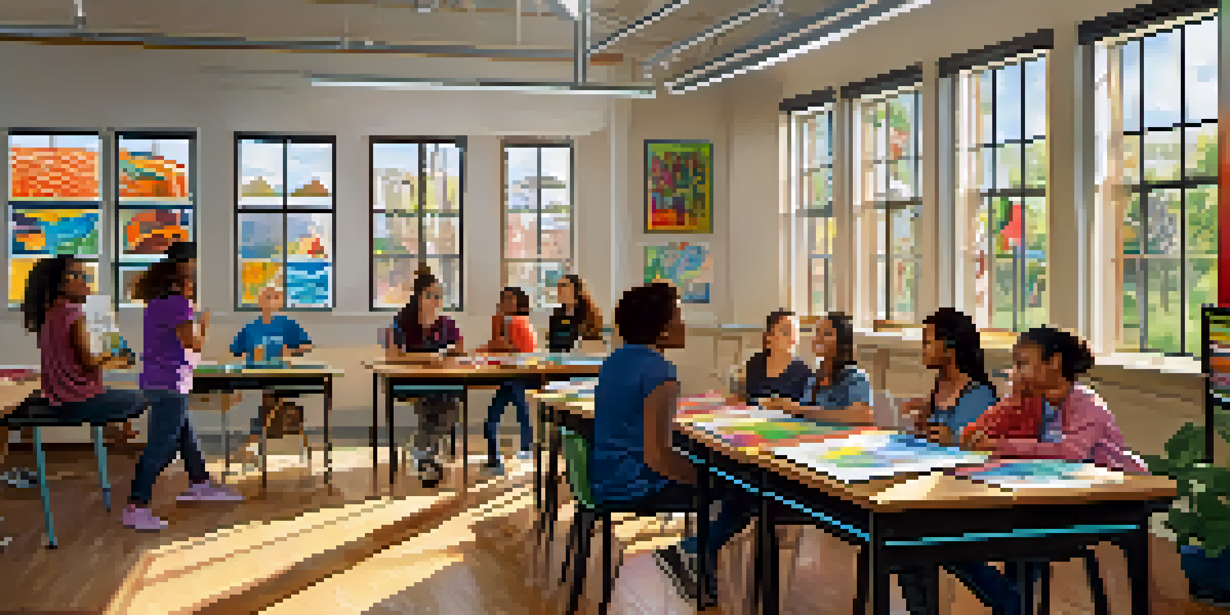 A diverse group of students in an art classroom, with one student using sign language to communicate ideas. The walls are decorated with colorful artwork, and sunlight fills the room.