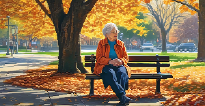 An elderly woman sits on a park bench, with sunlight filtering through autumn leaves, showcasing her serene expression and wrinkled hands.
