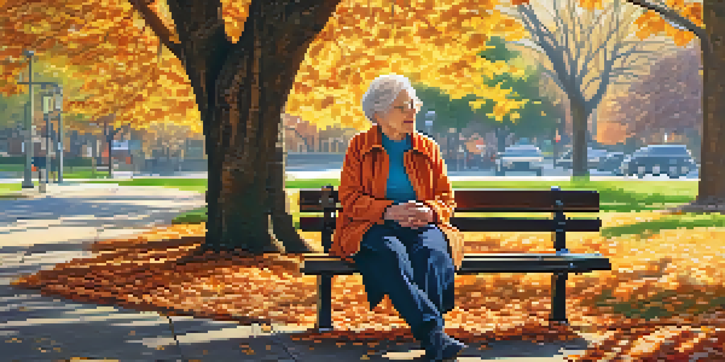 An elderly woman sits on a park bench, with sunlight filtering through autumn leaves, showcasing her serene expression and wrinkled hands.