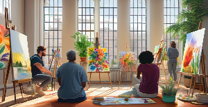 A group of people in a bright room engaged in art therapy, painting on easels with colorful artwork around them.