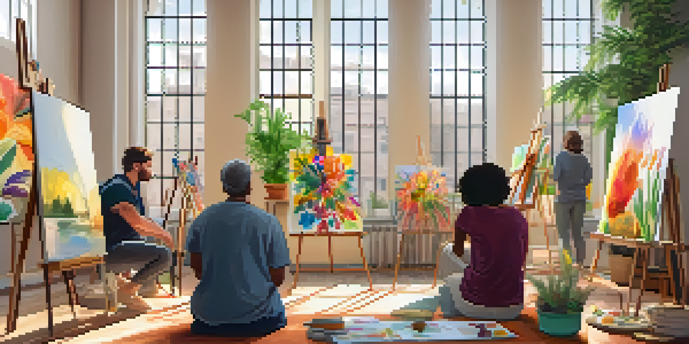 A group of people in a bright room engaged in art therapy, painting on easels with colorful artwork around them.