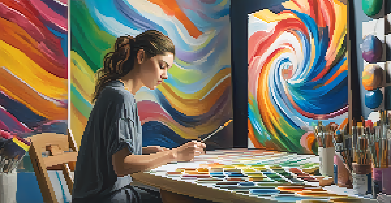 An artist in a bright studio painting a colorful canvas that represents self-acceptance and personal journey.