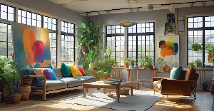 A bright and colorful art studio showcasing various artworks, with sunlight streaming through a window and plants in the background.