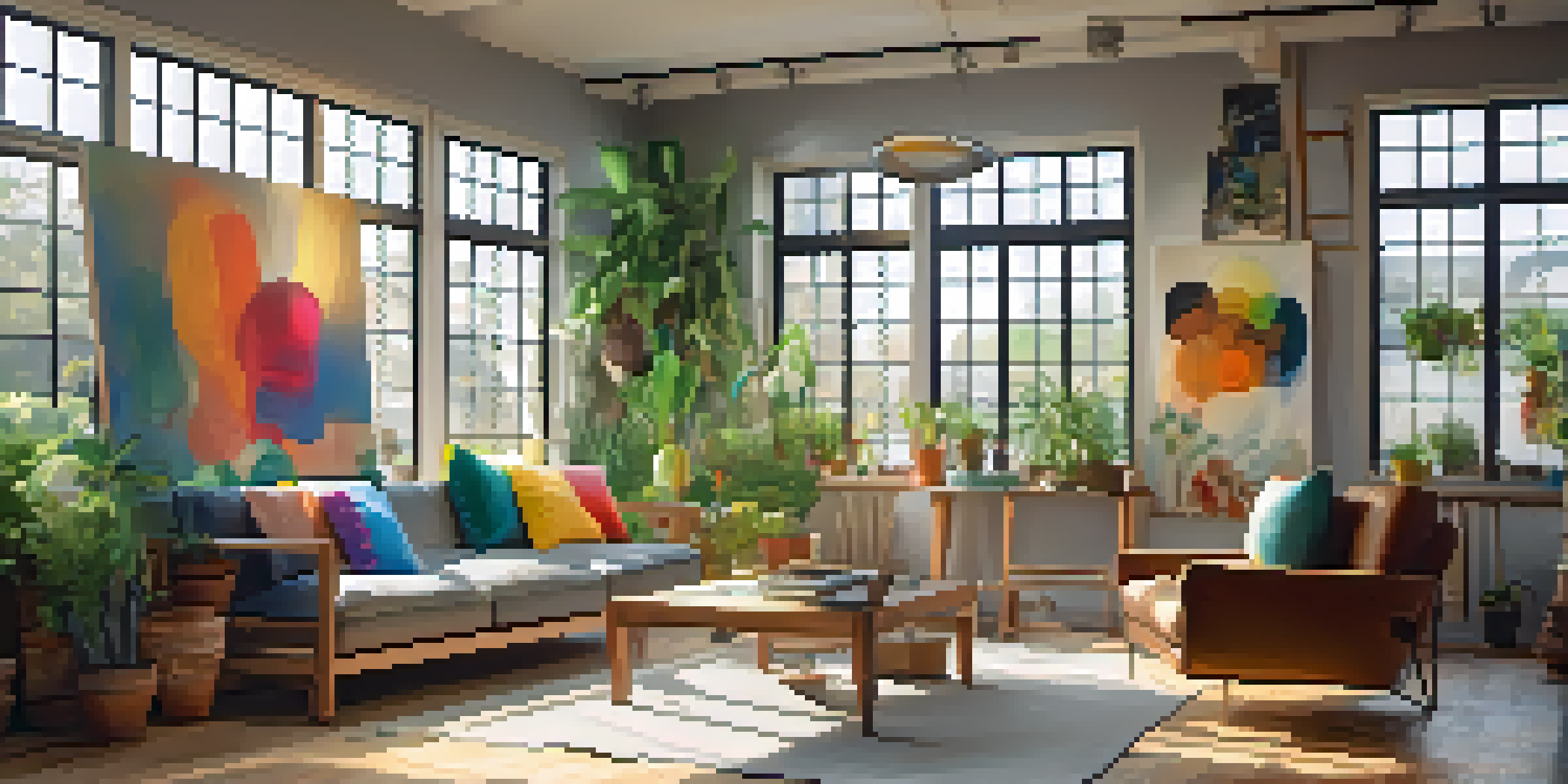 A bright and colorful art studio showcasing various artworks, with sunlight streaming through a window and plants in the background.