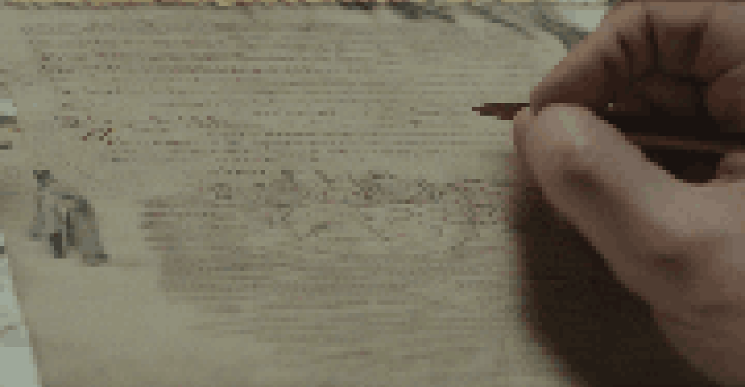 A hand analyzing a provenance document for a painting, with the artwork blurred in the background.