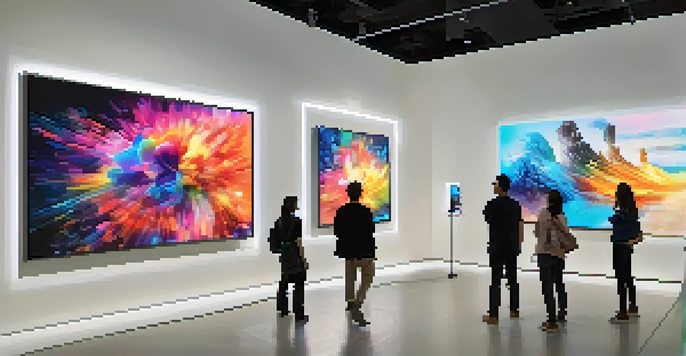 A modern virtual art gallery with digital artworks displayed on LED screens and visitors interacting with the exhibits.