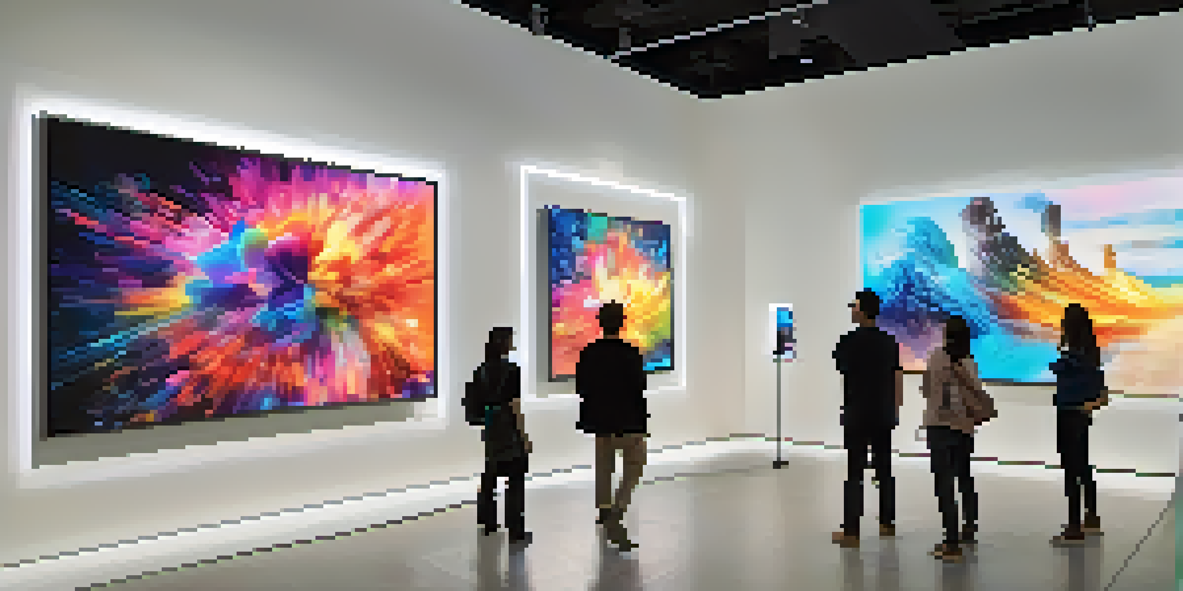 A modern virtual art gallery with digital artworks displayed on LED screens and visitors interacting with the exhibits.