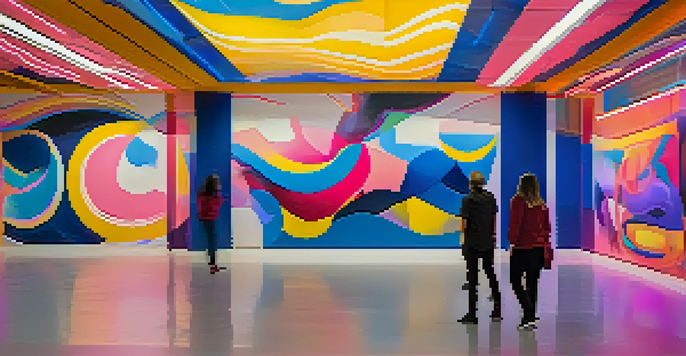 A colorful interactive digital mural with abstract shapes, displaying changing colors based on viewer movements in an exhibition space.