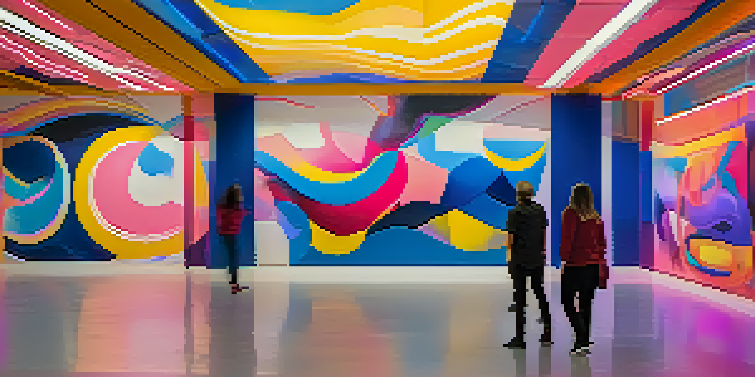 A colorful interactive digital mural with abstract shapes, displaying changing colors based on viewer movements in an exhibition space.