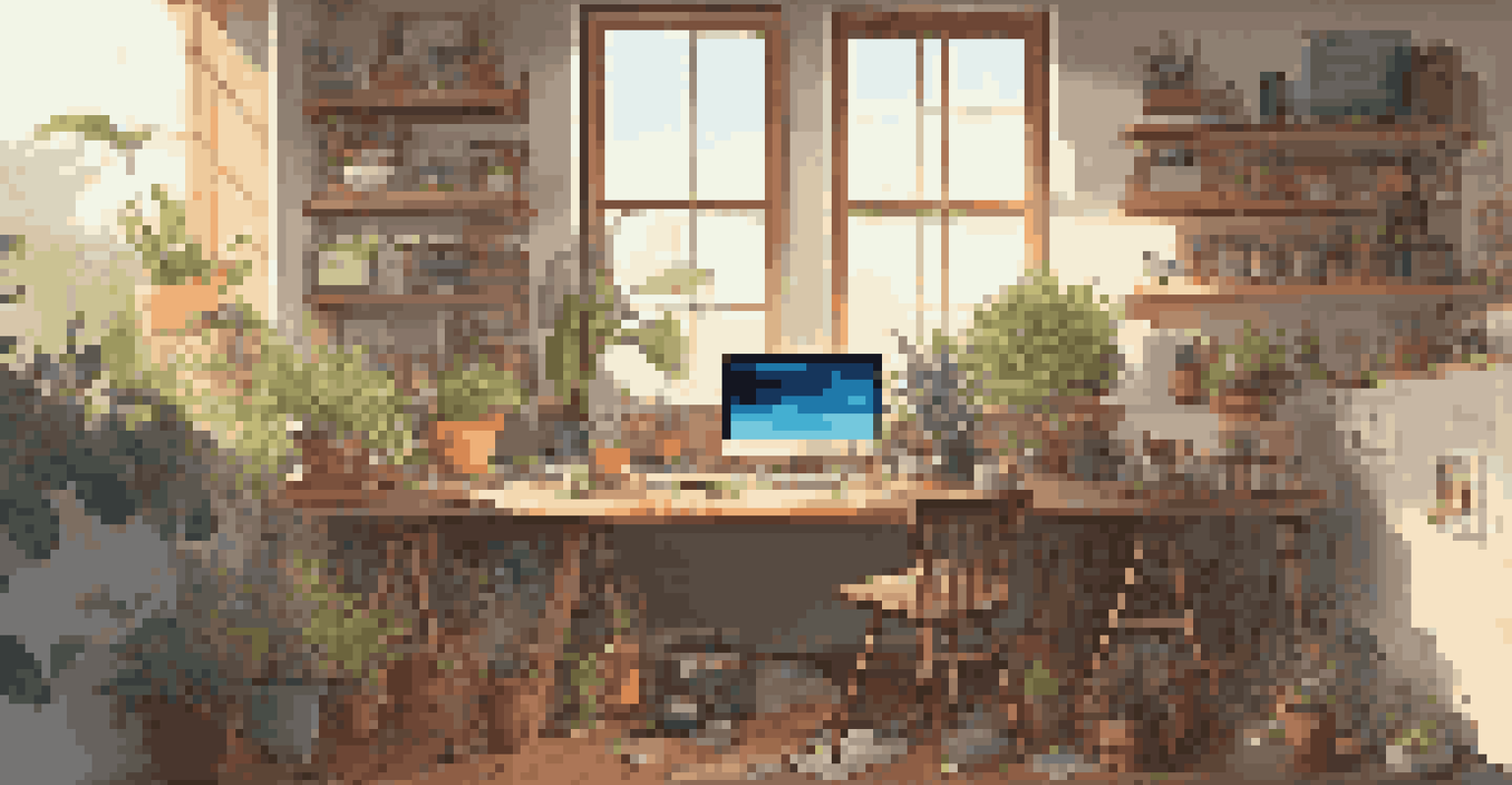 An artist's workspace with a computer displaying generative art, surrounded by tools and colorful artwork.