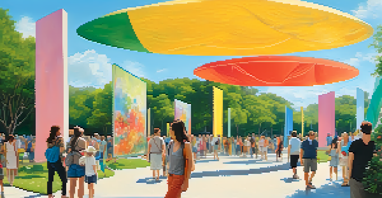 An outdoor art exhibition in a park with large sculptures and visitors exploring the artworks under a clear blue sky.