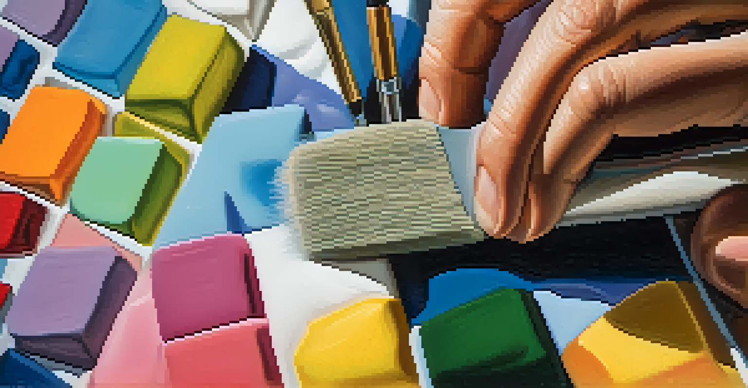 An artist's hand using unconventional tools to create a colorful painting on a canvas.