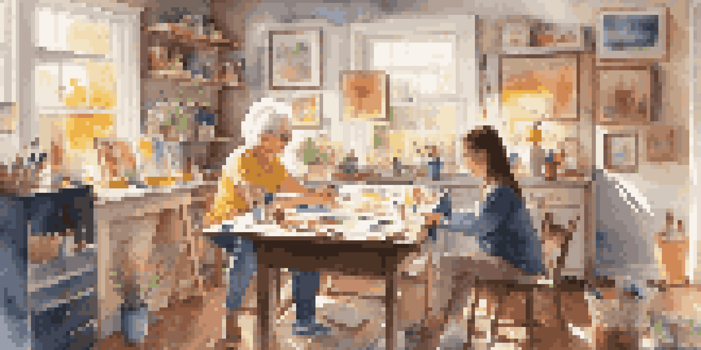 A grandparent and child joyfully painting together in a bright art studio filled with colorful artwork and supplies.