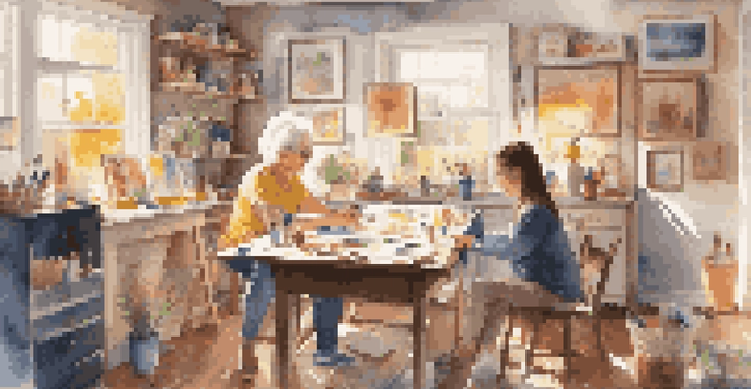 A grandparent and child joyfully painting together in a bright art studio filled with colorful artwork and supplies.