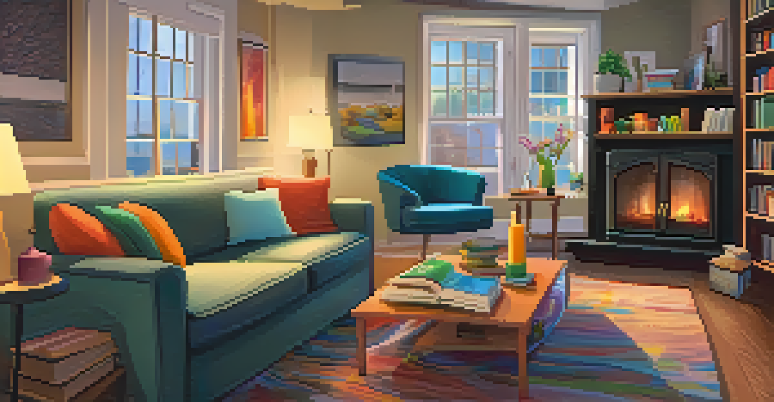 A cozy living room with a tablet displaying an animated story, a sofa, and a fireplace, inviting for storytelling.