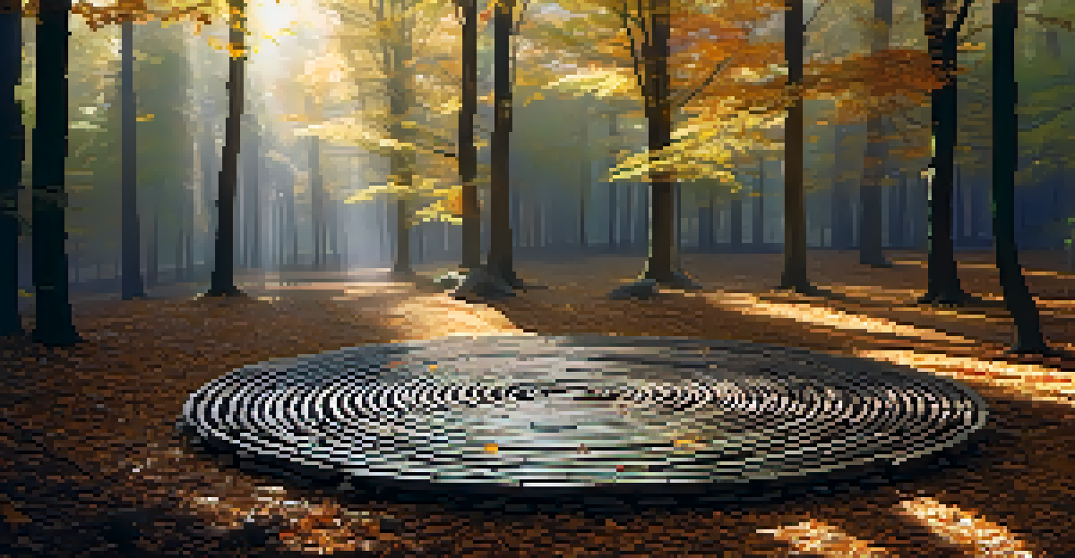 An earth art installation of twigs and leaves arranged in a circle on the forest floor.