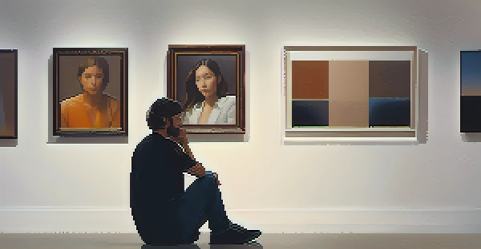 A performance artist sits in a gallery, surrounded by an attentive audience, conveying a sense of intimacy and reflection.