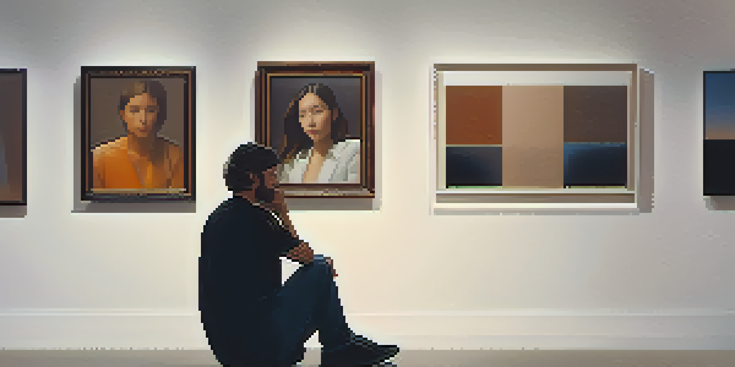 A performance artist sits in a gallery, surrounded by an attentive audience, conveying a sense of intimacy and reflection.