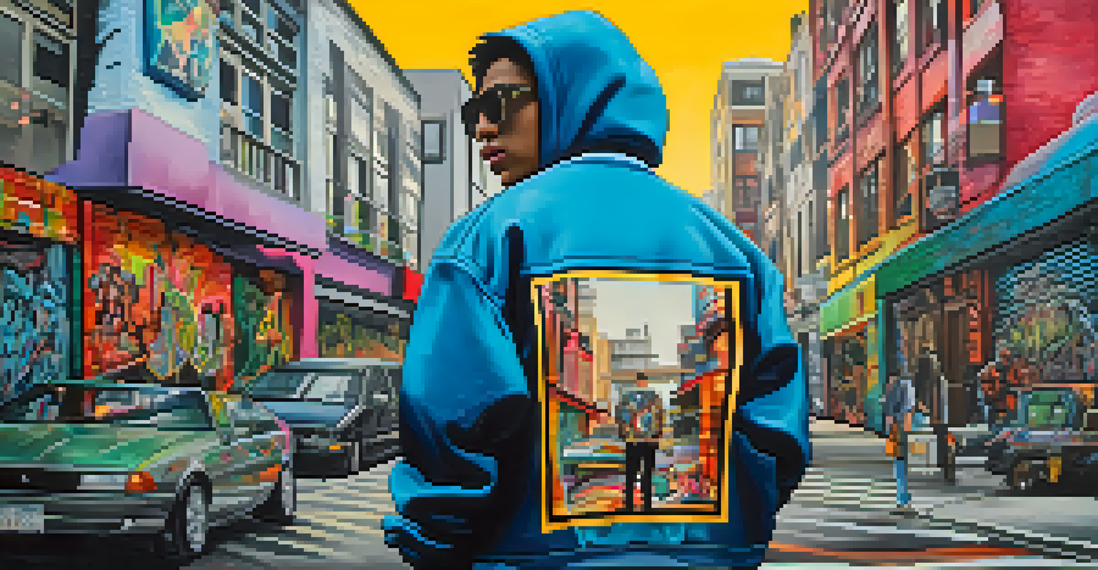 An urban streetwear outfit with a graphic t-shirt and oversized jacket, set against a colorful graffiti background, showcasing creativity and self-expression.