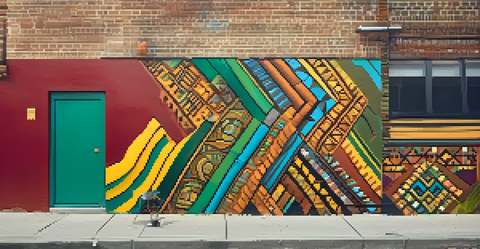 A colorful street mural with African patterns, surrounded by urban elements, depicting an artist collaborating with local community members.