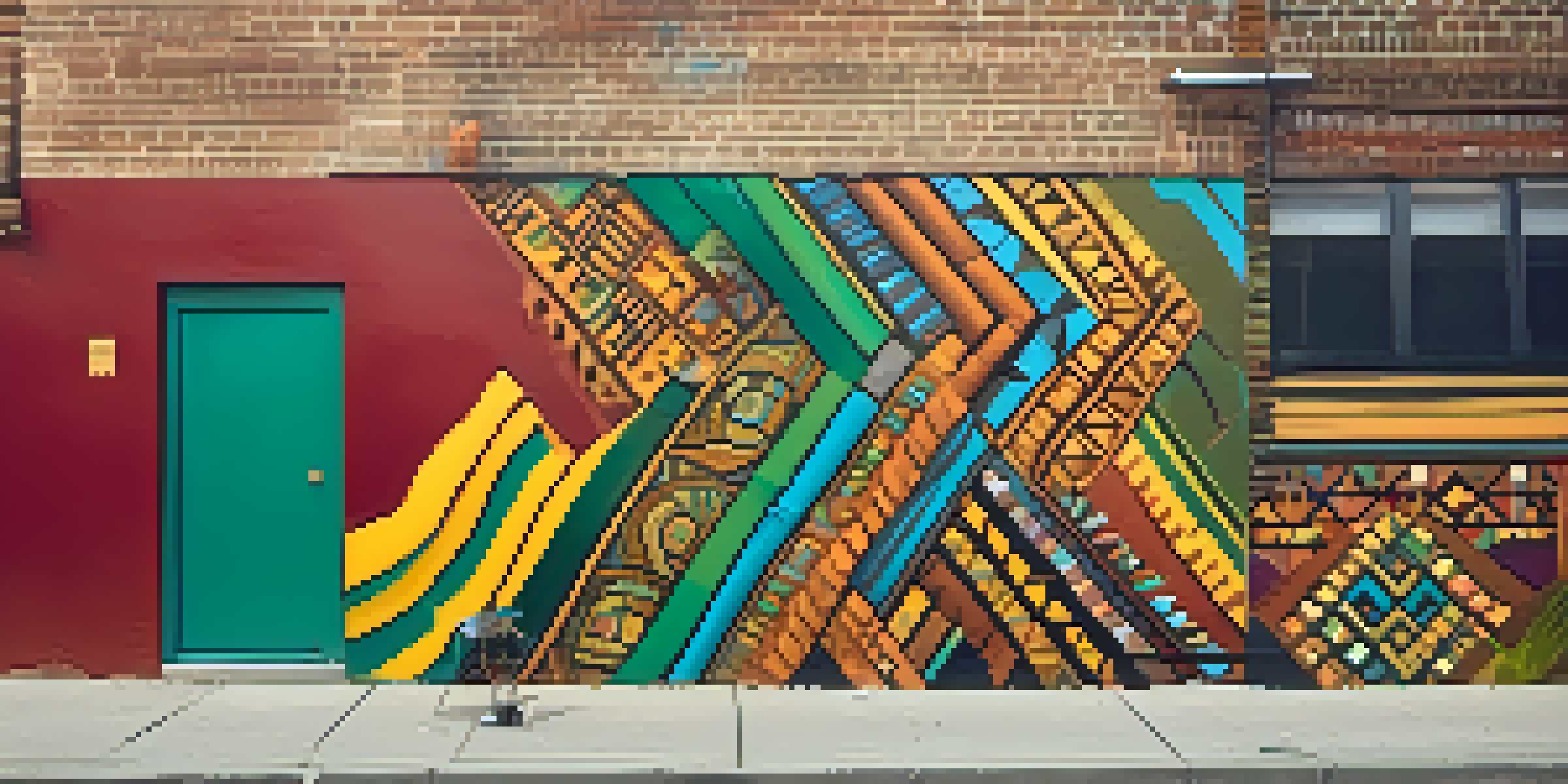 A colorful street mural with African patterns, surrounded by urban elements, depicting an artist collaborating with local community members.