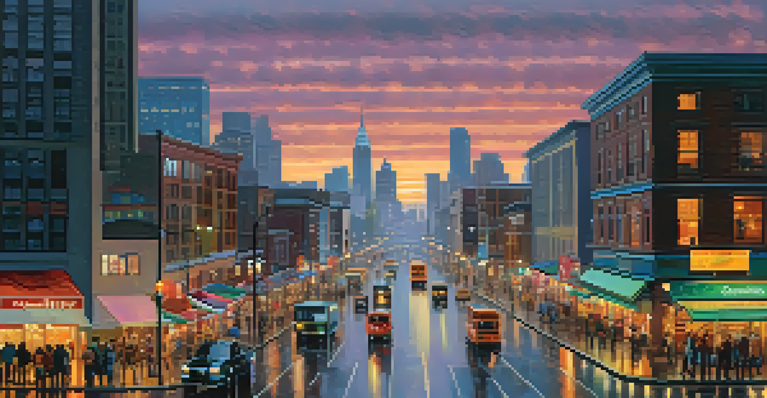 A busy city skyline at twilight, with illuminated skyscrapers and bustling streets below.