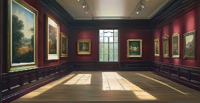 A vintage art gallery featuring wooden frames with paintings, illuminated by soft sunlight.