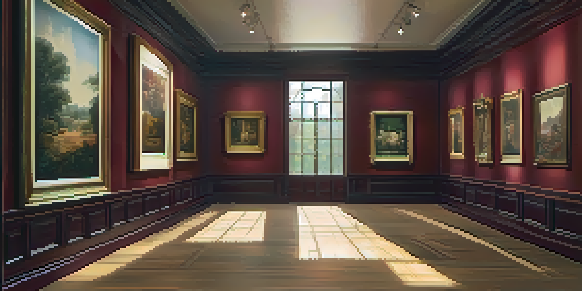 A vintage art gallery featuring wooden frames with paintings, illuminated by soft sunlight.