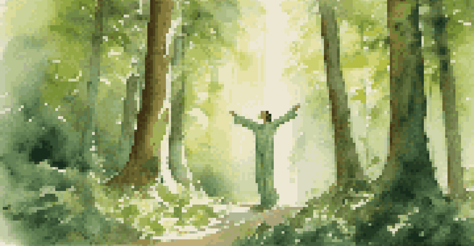 A performer in a forest, moving gracefully with arms outstretched, surrounded by trees and sunlight.