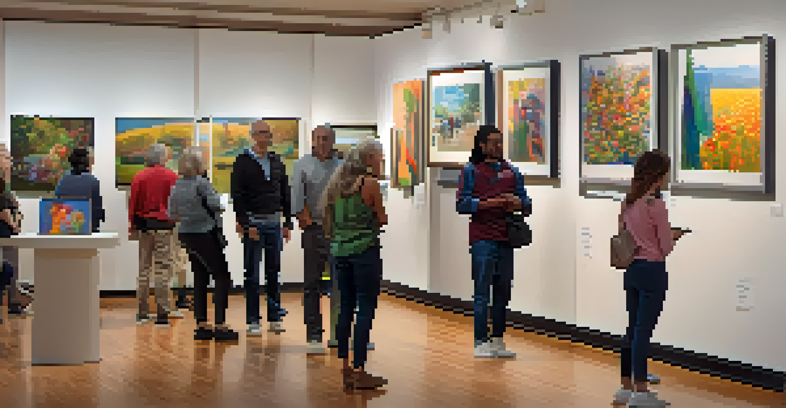 A community art exhibition featuring diverse artworks, with visitors engaging and discussing pieces in a well-lit space.