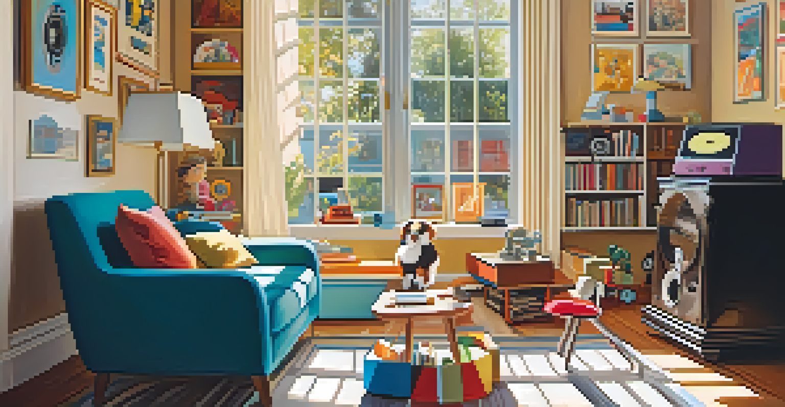 A nostalgic living room with art, a record player, and a child enjoying music.