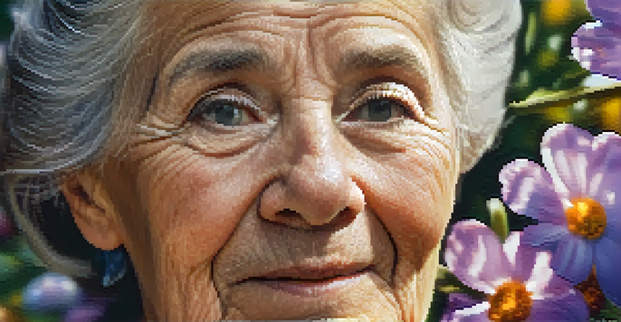 A close-up portrait of an elderly woman with deep wrinkles and silver hair, illuminated by sunlight in a colorful garden.