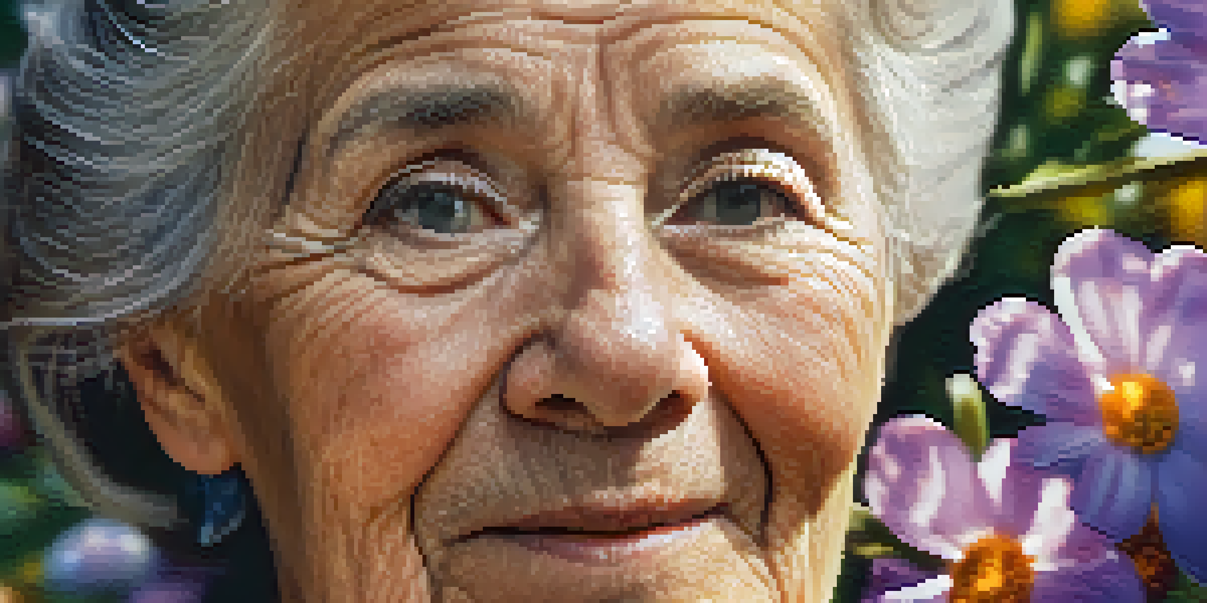 A close-up portrait of an elderly woman with deep wrinkles and silver hair, illuminated by sunlight in a colorful garden.