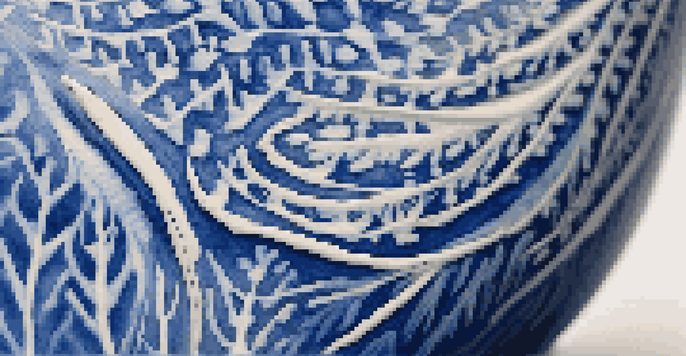 A detailed close-up of a pottery piece featuring leaf patterns created using the sgraffito technique, with contrasting colors of blue and white.