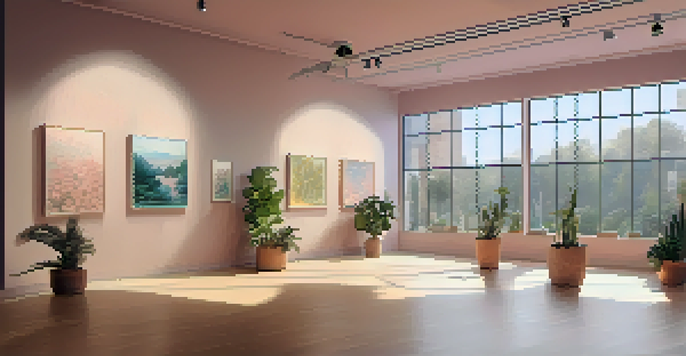 An art exhibition space with natural lighting, showcasing artworks related to mental health, with visitors engaging with the pieces.