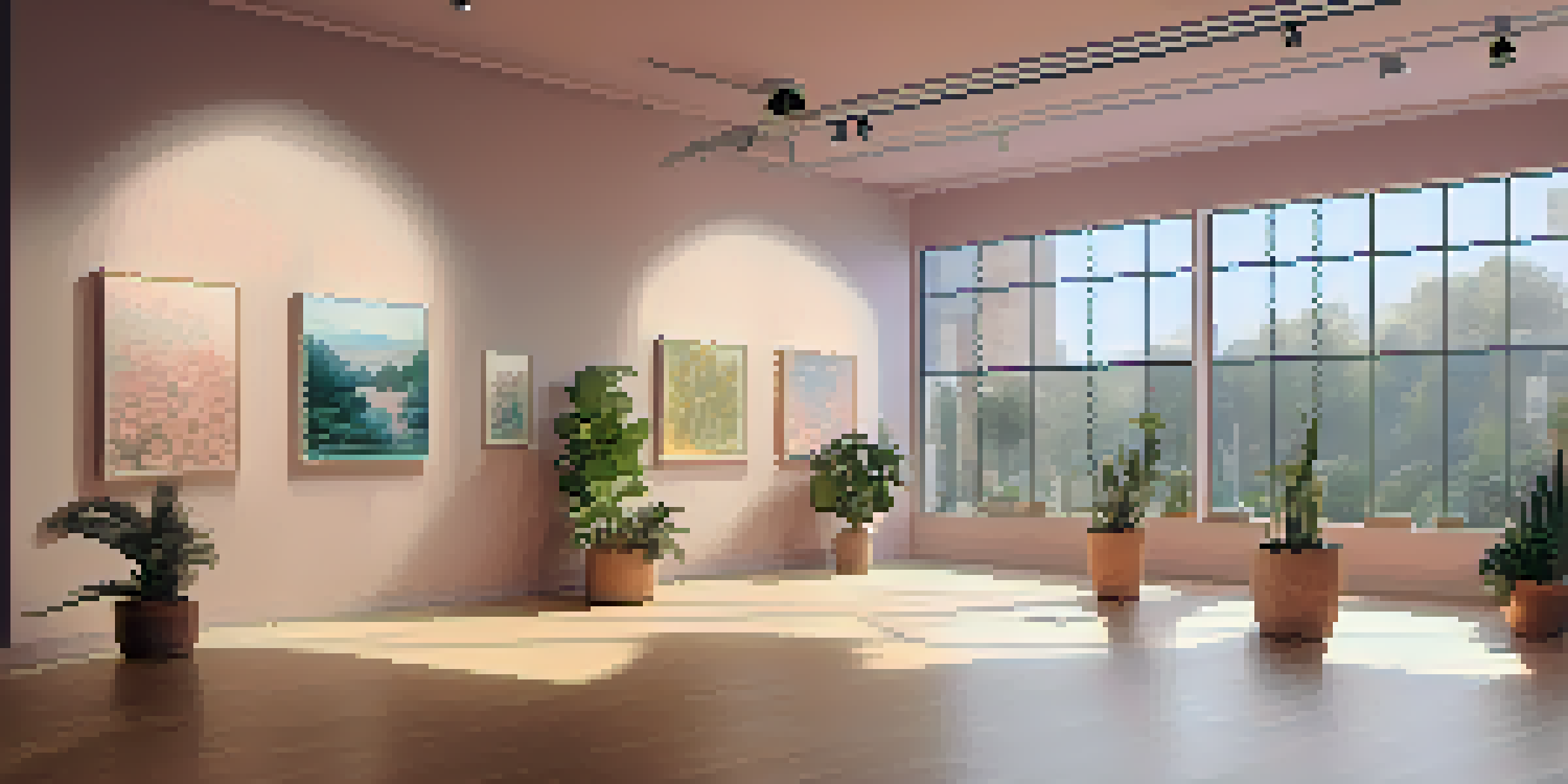 An art exhibition space with natural lighting, showcasing artworks related to mental health, with visitors engaging with the pieces.