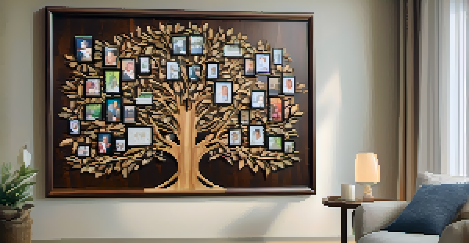 An intricate family tree artwork on a wooden wall, surrounded by framed family photographs, illuminated by soft natural light.