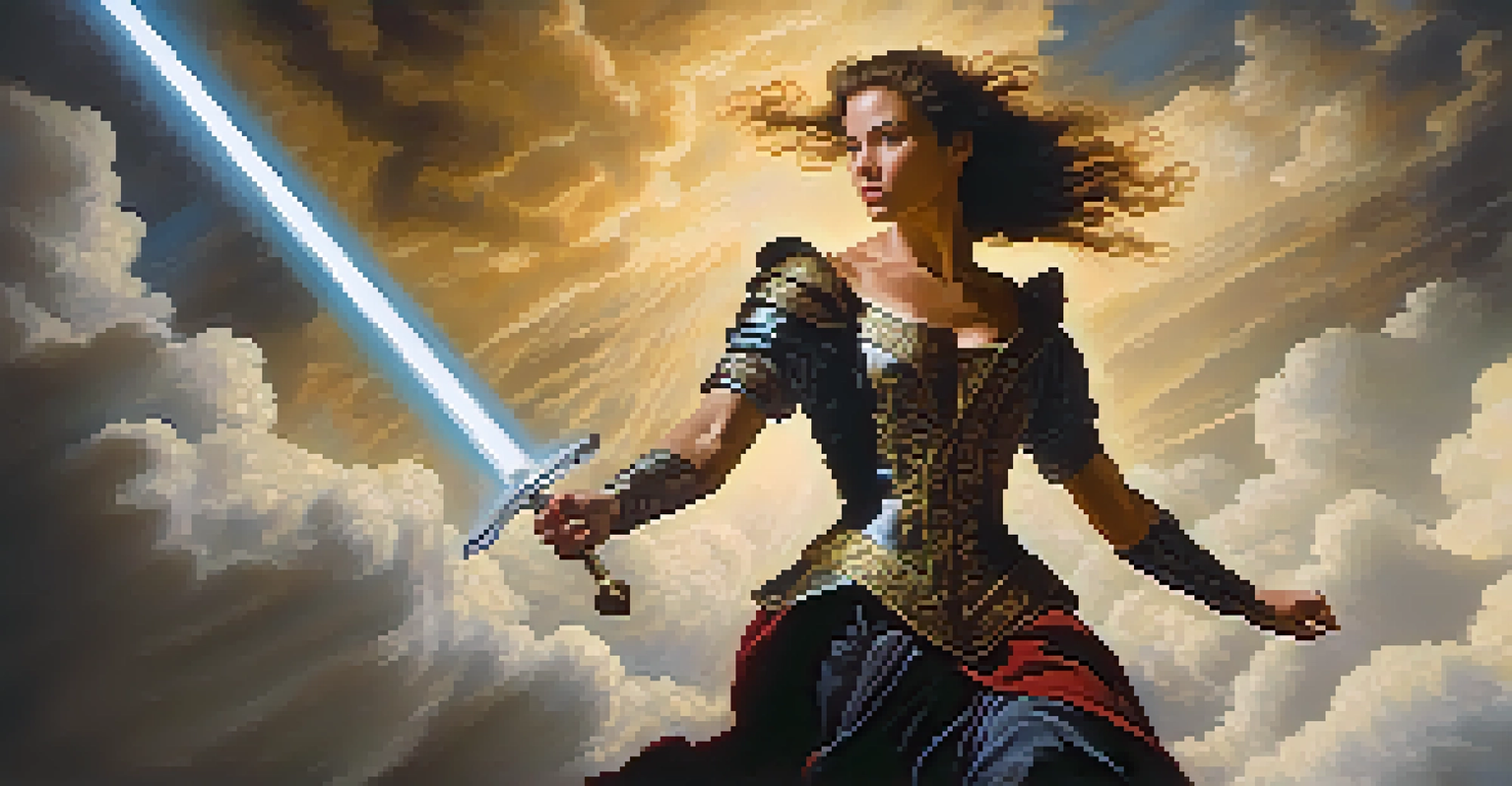A strong woman wielding a sword in a dramatic Baroque setting with swirling clouds and intense lighting.