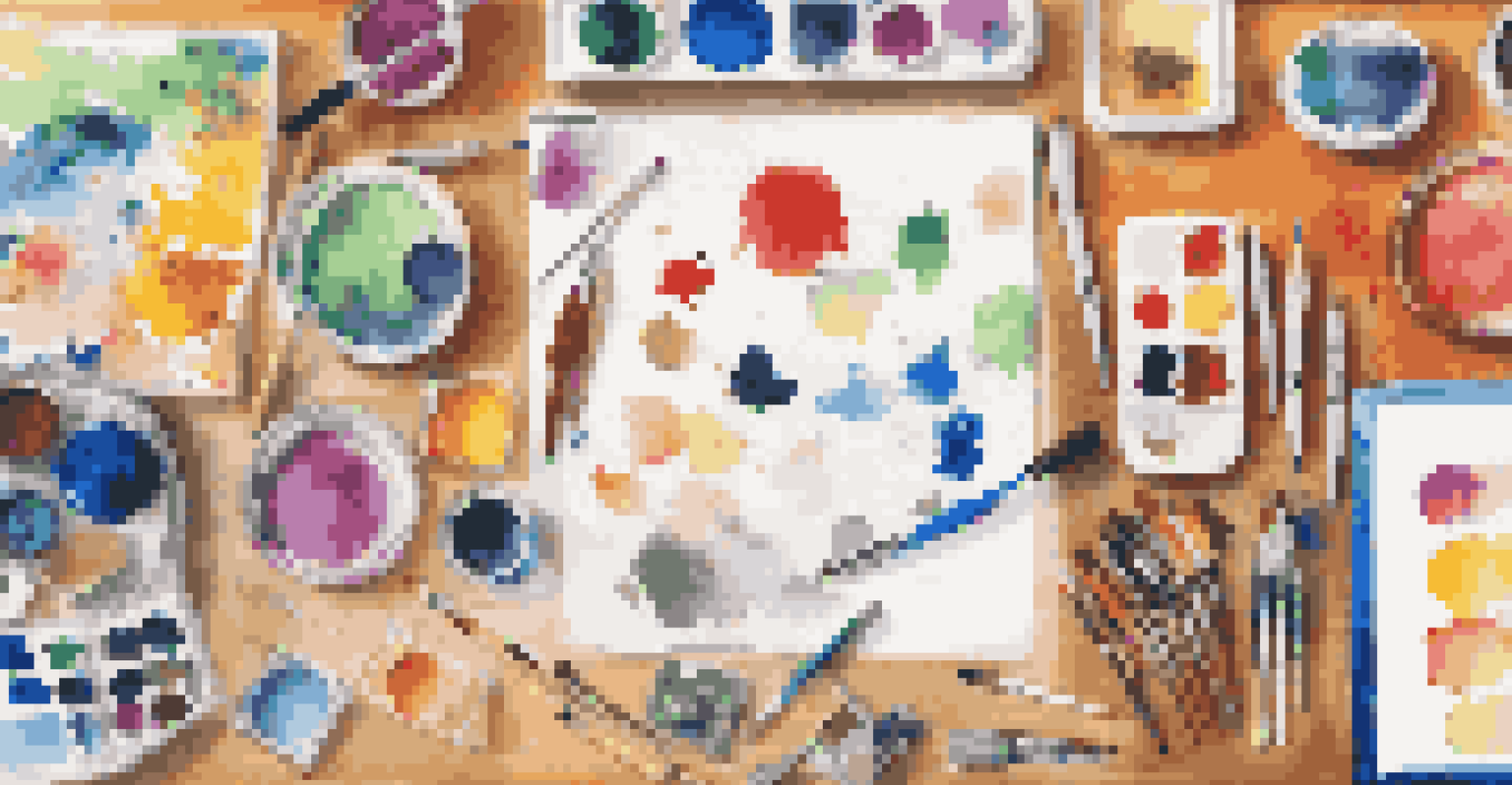 A table displaying a variety of adaptive art tools designed for inclusivity in art education, surrounded by a colorful classroom.
