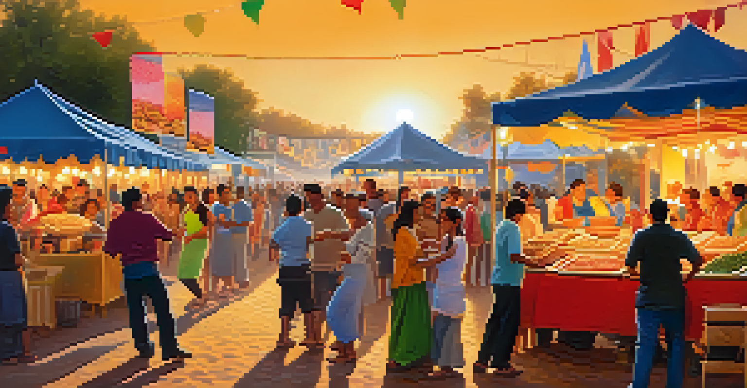A cultural festival with food stalls and artists creating graphic art, filled with vibrant colors and joyful attendees.
