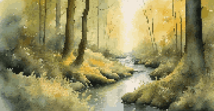 A tranquil forest scene with golden sunlight, unique trees, and a gentle stream, inviting exploration.