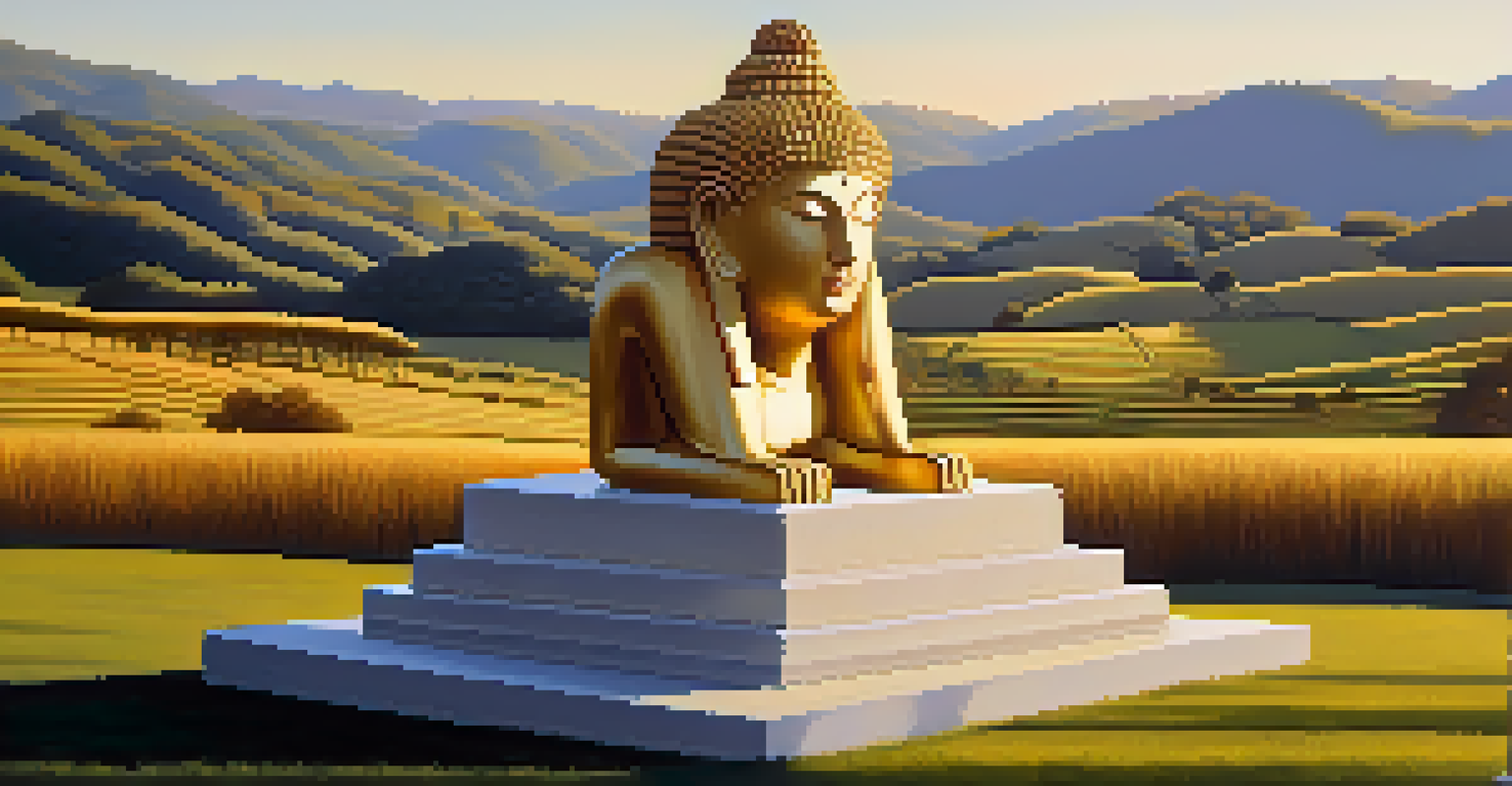 A traditional sculpture in a serene landscape, surrounded by rolling hills and a clear blue sky, illuminated by the warm glow of the setting sun.