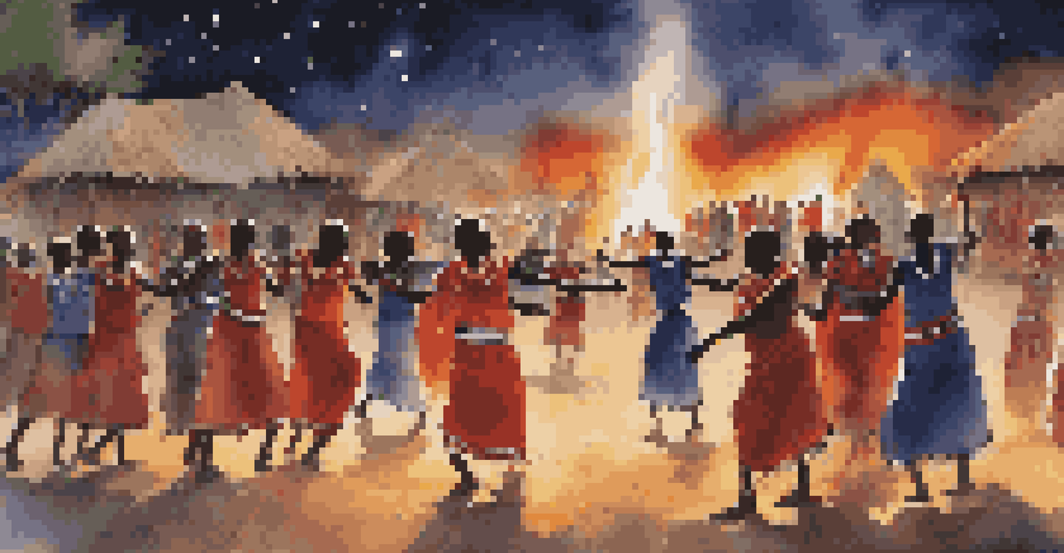 Maasai dancers in traditional attire performing around a fire in a village, with a starry night sky above.