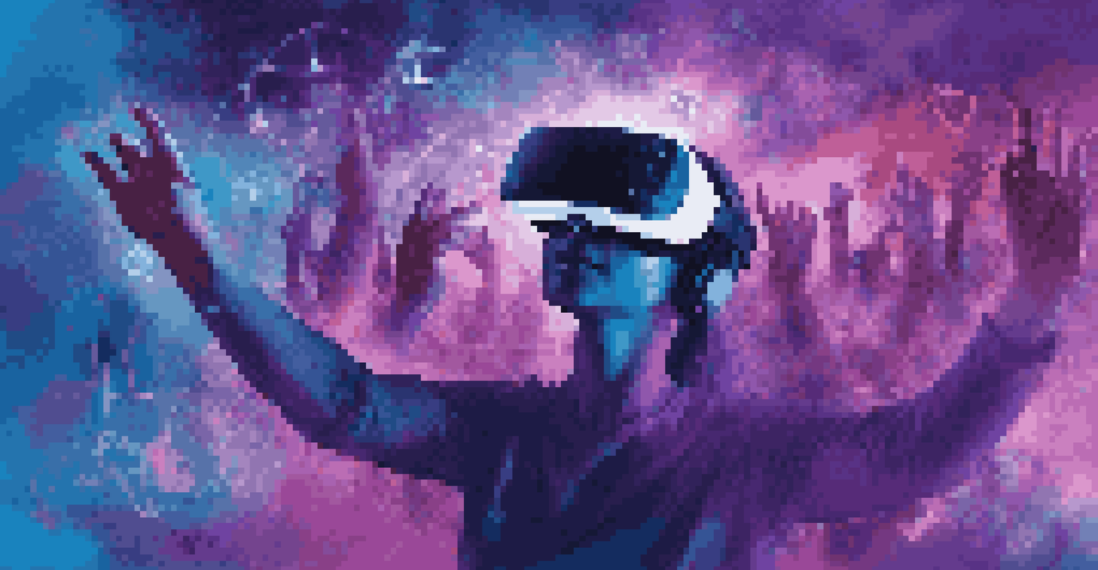 A person wearing a virtual reality headset, surrounded by digital symbols of activism in a colorful, immersive environment.