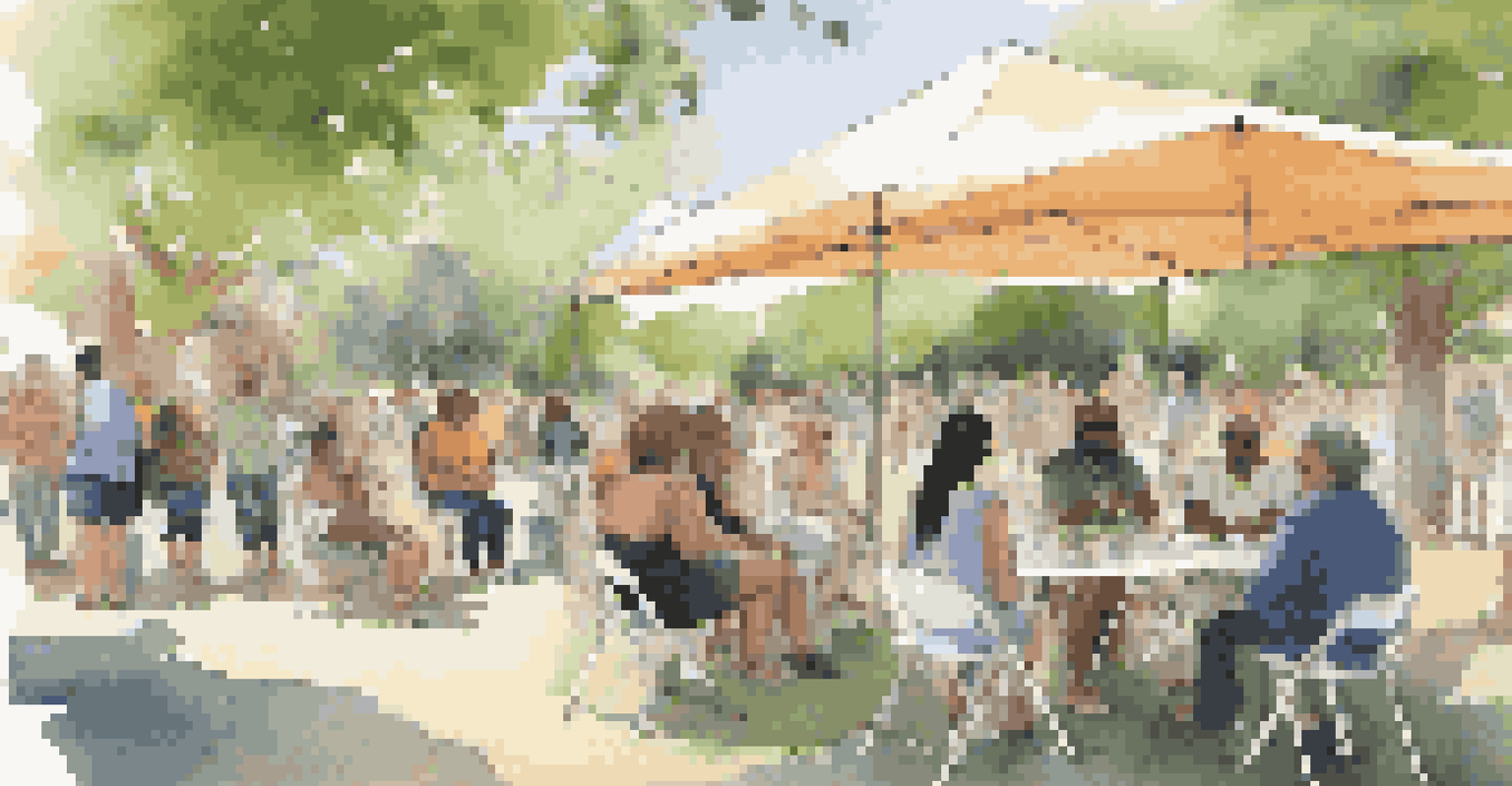 Community members gathering at an art festival to engage in a discussion about diversity and inclusion, with artists sharing experiences amidst art installations and greenery.